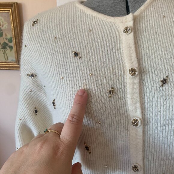 VTG Cardigan Sz M Ivory Lambs Wool Angora Blend Beaded Comfy Cozy Grandmacore - Picture 2 of 5